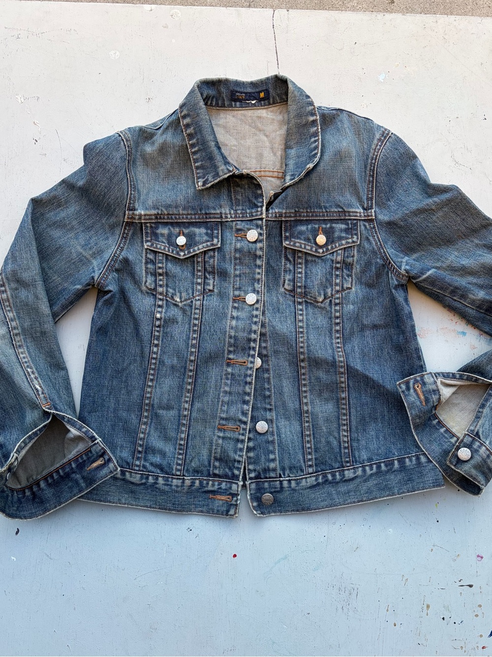 Women's J Crew Jacket Blue Trucker M Denim Logo Classic 50s Distress Type 2 Jean